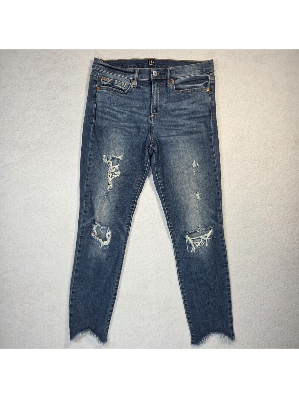 Gap Denim 1969 True Skinny Blue Ankle Jeans Distressed Mid Rise Stretch Med Wash